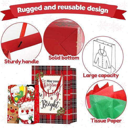 24 حزمة من أكياس هدايا عيد الميلاد بأحجام متنوعة: حقائب عيد الميلاد مع مناديل ورقية، أكياس هدايا كبيرة الحجم، أكياس تغليف هدايا قابلة لإعادة الاستخدام لحفلات أعياد الميلاد وحقائب هدايا العطلات، كبيرة الحجم ومتوسطة وصغيرة in Kuwait