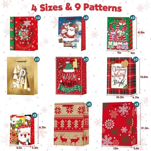 24 حزمة من أكياس هدايا عيد الميلاد بأحجام متنوعة: حقائب عيد الميلاد مع مناديل ورقية، أكياس هدايا كبيرة الحجم، أكياس تغليف هدايا قابلة لإعادة الاستخدام لحفلات أعياد الميلاد وحقائب هدايا العطلات، كبيرة الحجم ومتوسطة وصغيرة in Kuwait