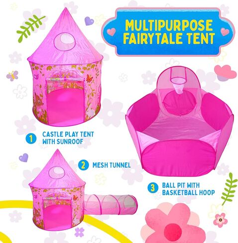 بلاي زد خيمة لعب قلعة الاميرة الخيالية للبنات من 3 قطع، نفق زحف وحفرة كرات بتصميم مرج زهري - قابلة للطي للاستخدام الداخلي والخارجي مع حقيبة تخزين بسحاب in Kuwait