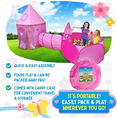 بلاي زد خيمة لعب قلعة الاميرة الخيالية للبنات من 3 قطع، نفق زحف وحفرة كرات بتصميم مرج زهري - قابلة للطي للاستخدام الداخلي والخارجي مع حقيبة تخزين بسحاب in Kuwait
