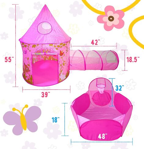 بلاي زد خيمة لعب قلعة الاميرة الخيالية للبنات من 3 قطع، نفق زحف وحفرة كرات بتصميم مرج زهري - قابلة للطي للاستخدام الداخلي والخارجي مع حقيبة تخزين بسحاب in Kuwait