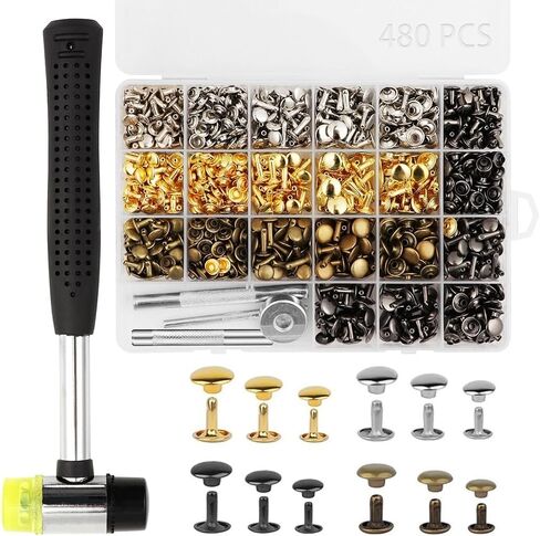 480 PCS Leather Rivets Kit, 4 Colors Double Cap Rivets, 3 Sizes Rivets for Leather, Rubber Hammer Fixing Tool Kit for DIY, Leather Craft Clothes Shoes Decoration and Repair in Saudi Arabia