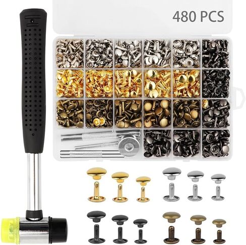 480 PCS Leather Rivets Kit, 4 Colors Double Cap Rivets, 3 Sizes Rivets for Leather, Rubber Hammer Fixing Tool Kit for DIY, Leather Craft Clothes Shoes Decoration and Repair in Saudi Arabia