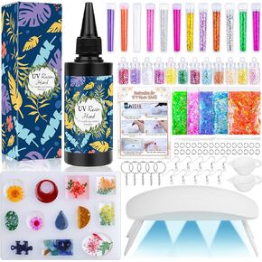 مجموعة راتنجات الأشعة فوق البنفسجية مع ضوء، 136 قطعة من لوازم راتنجات الإيبوكسي للأشعة فوق البنفسجية مع ترقية مصباح الأشعة فوق البنفسجية مجوهرات الراتنج قوالب أدوات DIY للمبتدئين من أجل صب واضح لسلسلة المفاتيح وقلادة وسوار وصناعة الفنون والحرف اليدوية وال in Kuwait