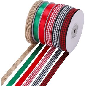 6 Rolls 135 Yards Burlap Ribbon Gingham Ribbon Buffalo Plaid Ribbon 3/8 Inch Red Satin Ribbon Green Grosgrain Ribbon for Wrapping Thin Ribbons for Crafts Wedding