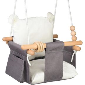 Canvas Baby Swing Seat Wooden Baby Hanging Swing Door Swing Baby Toddler Cream Indoor Baby swingSwing with Safety Belt and 2 Side Pockets for Indoor Playground Sport & Outdoor Play Toys