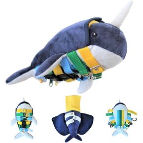 SENSORY4U Buckle Pillow Sensory Narwhal Stuffed Animal Fine Motor Development Toy Activity Plushie - Counting Sorting Zipper Skills Marble Maze Toy