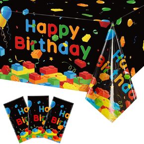 Tiamon 3 Pcs Blocks Tablecloth Plastic Happy Birthday Blocks Table Cover Disposable Colorful Bricks Table Cloth for Boys Girls School Home Blocks Theme Parties Decor Supplies,108 x 54 Inch(Black)