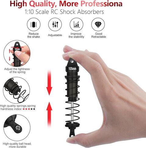 صدمات RC 1/10 4 قطع من سبائك الصدمات الأمامية والخلفية 105 مم ممتص صدمات قابل للتعديل متوافق مع 1/10 مقياس SXC10 Redcat Tamiya HSP DHK HPI Hobao ZD Racing Hongnor RC Crawlers ترقيات الأجزاء (أسود) in Kuwait