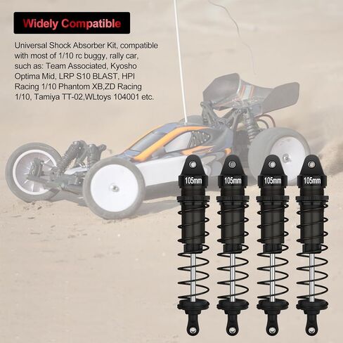 صدمات RC 1/10 4 قطع من سبائك الصدمات الأمامية والخلفية 105 مم ممتص صدمات قابل للتعديل متوافق مع 1/10 مقياس SXC10 Redcat Tamiya HSP DHK HPI Hobao ZD Racing Hongnor RC Crawlers ترقيات الأجزاء (أسود) in Kuwait
