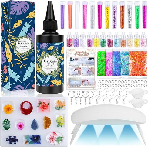 مجموعة راتنجات الأشعة فوق البنفسجية مع ضوء، 136 قطعة من لوازم راتنجات الإيبوكسي للأشعة فوق البنفسجية مع ترقية مصباح الأشعة فوق البنفسجية مجوهرات الراتنج قوالب أدوات DIY للمبتدئين من أجل صب واضح لسلسلة المفاتيح وقلادة وسوار وصناعة الفنون والحرف اليدوية وال in Kuwait