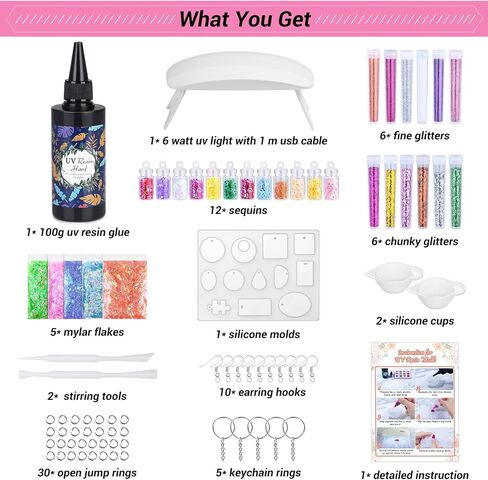 مجموعة راتنجات الأشعة فوق البنفسجية مع ضوء، 136 قطعة من لوازم راتنجات الإيبوكسي للأشعة فوق البنفسجية مع ترقية مصباح الأشعة فوق البنفسجية مجوهرات الراتنج قوالب أدوات DIY للمبتدئين من أجل صب واضح لسلسلة المفاتيح وقلادة وسوار وصناعة الفنون والحرف اليدوية وال in Kuwait