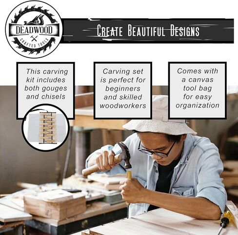 مجموعة أدوات نحت الخشب من ديد وود - 12 قطعة من مجموعة أزميل نحت الخشب مع مقابض خشبية وحقيبة قماشية in Kuwait