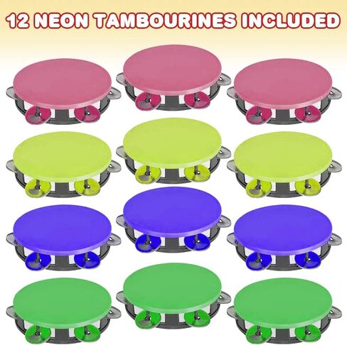 ArtCreativity Neon Tambourines for Kids, Set of 12, Percussion Musical Instruments for Boys and Girls, Durable Plastic and Metal Noisemakers, Birthday Party Favors and Goodie Bag Fillers, 4 Colors in Saudi Arabia