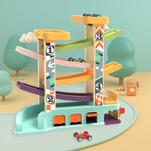 ألعاب منحدر السيارة من توب برايت للأطفال الصغار من عمر 1 إلى 3 سنوات، ألعاب مونتيسوري لهدايا الصبي بعمر سنة واحدة وسنتين، متسابق منحدر سيارة خشبي مع 4 لعبة سيارات و3 مرآب سيارات in Kuwait