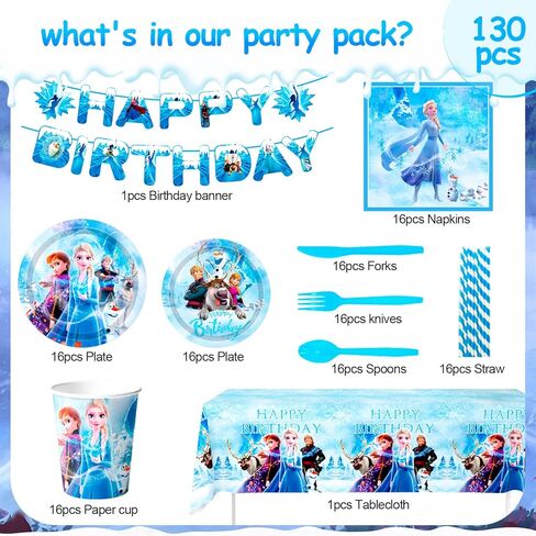 لوازم الحفلات فروزن، 130 قطعة من أدوات مائدة الحفلات المجمدة - أطباق فروزن ومناديل وأغطية طاولة ولافتة عيد ميلاد فروزن وما إلى ذلك لوازم حفلات أعياد الميلاد فروزن للفتيات in Kuwait