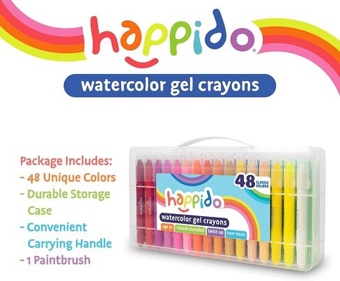Happido Watercolor Gel Crayons, 48 Piece Set - Smooth Writing and Easy Watercolor Effects, Great for Drawing, Coloring, Painting, and More, Comes with Brush and Carrying and Storage Case in Kuwait