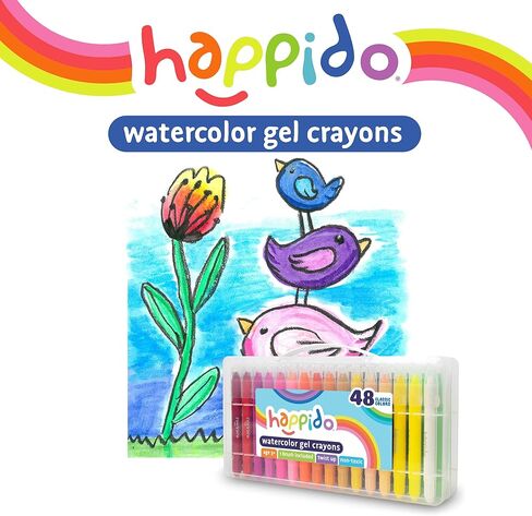 Happido Watercolor Gel Crayons, 48 Piece Set - Smooth Writing and Easy Watercolor Effects, Great for Drawing, Coloring, Painting, and More, Comes with Brush and Carrying and Storage Case in Kuwait