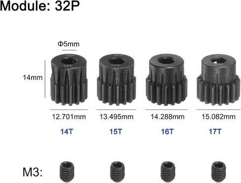 مجموعة تروس ترس 32P من uxcell عمود 5 مم 14T 15T 16T 17T تروس ترس من الفولاذ الصلب مع خطوة لسيارة RC (4 قطع) in Saudi Arabia