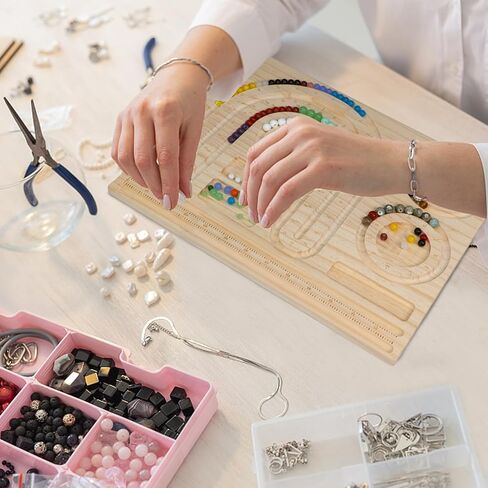 POPRHINO Wooden Bead Board for Jewelry Making, Jewelry Beading Design Tray for Bracelet Necklaces Making 13.7 x 11.4 x 0.8 inch in Kuwait