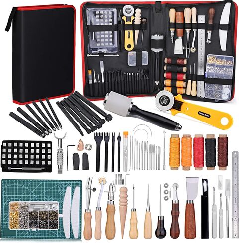 مجموعة ادوات جلدية، ادوات عمل جلدية، مجموعات ادوات ولوازم الحرف الجلدية مع ادوات ختم الجلد، بساط تقطيع، اداة حفر ومسامير للمبتدئين والمحترفين in Kuwait