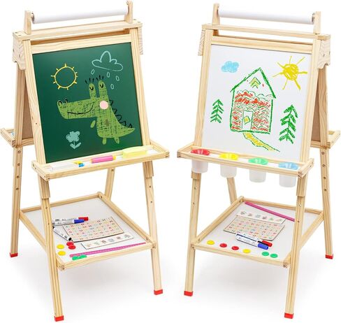 Wooden Easel for Kids 3 in 1 Toddlers Easel with Paper Roll Adjustable Height Art Easel Chalkboard & Whiteboard Drawing Easel for Kids Boys Girls in Kuwait
