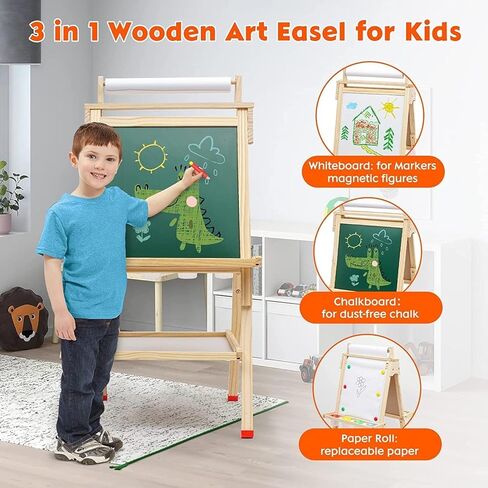 Wooden Easel for Kids 3 in 1 Toddlers Easel with Paper Roll Adjustable Height Art Easel Chalkboard & Whiteboard Drawing Easel for Kids Boys Girls in Kuwait
