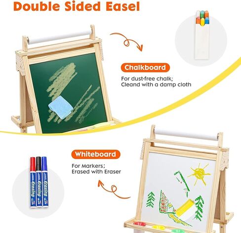 Wooden Easel for Kids 3 in 1 Toddlers Easel with Paper Roll Adjustable Height Art Easel Chalkboard & Whiteboard Drawing Easel for Kids Boys Girls in Kuwait
