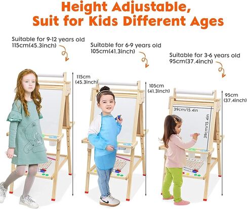 Wooden Easel for Kids 3 in 1 Toddlers Easel with Paper Roll Adjustable Height Art Easel Chalkboard & Whiteboard Drawing Easel for Kids Boys Girls in Kuwait