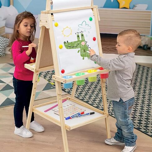 Wooden Easel for Kids 3 in 1 Toddlers Easel with Paper Roll Adjustable Height Art Easel Chalkboard & Whiteboard Drawing Easel for Kids Boys Girls in Kuwait