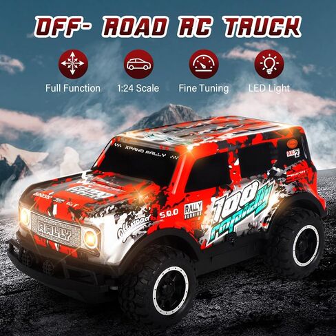SUPERSUN RC Car, 1:24 Scale All Terrain RC Truck, 2WD 10Km/h Remote Control Car Monster Truck with LedLight, Monster Truck Off Road Racing Car Toys for Kids Boys Girls in Kuwait