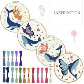 INFUNLY 4 Pack Dog Cat Embroidery Kit for Beginners Adults Pet Embroidery Starter Kit Punch Needle Embroidery Kits Flower Leaf Cross Stitch Kits with Patterns Instructions for DIY