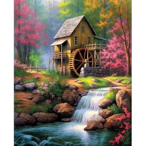 Tucocoo Flowers House Paint by Number for Adults, DIY Digital Oil Painting Kits on Canvas with Brushes and Acrylic Pigment Stream Forest Landscapes Picture for Home Decor Gifts 16x20inch (Frameless)