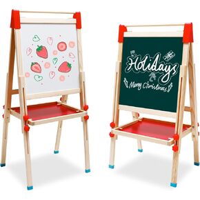 Kids Easel Wooden Art Easel with Drawing Paper Roll-Sided Whiteboard & Chalkboard Adjustable Standing Dry Erase Easel with Painting Supplies for Boys Girls Toddlers in Kuwait