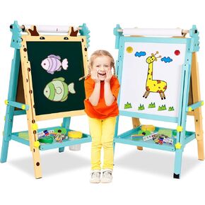 Kids Art Easel with Paper Roll Toddler Double-Sided Whiteboard & Chalkboard Standing Easel with Numbers and Other Accessories for Boys Girls in Kuwait