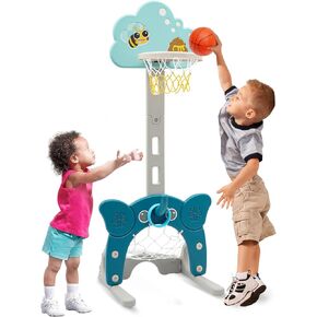 4-in-1 Toddler Basketball Hoop, Adjustable Height Kids Basketball Hoop with Soccer Goal Ring Toss Golf Play Set, Basketball Hoop for Kids Indoor Outdoor Sports