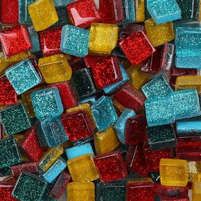 200 Pieces/200g Pack of Assorted Stained Glass Mosaic Tile Supplies for DIY Crafts, Plates, Picture Frames, Flowerpots, Handmade Jewelry - 1x1 cm Square Glass Decorative Tiles (Blue Yellow Green Mix)