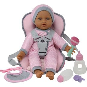 Doll Travel PlaySet - Baby Doll Car Seat Carrier Backpack with 12 Inch Soft Body Doll Includes Doll Bottles and Toy Accessories … (Caucasian)