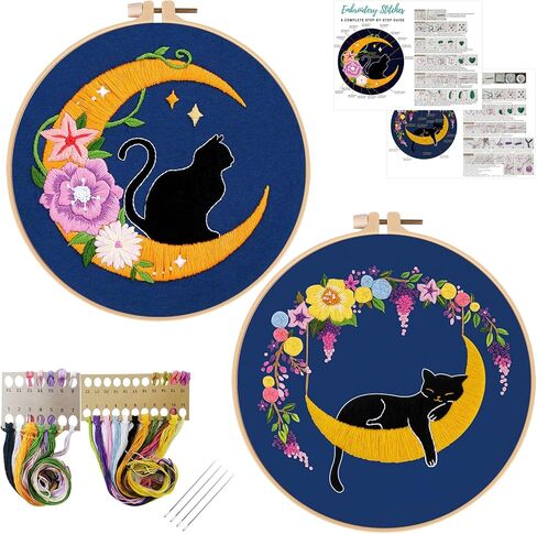 Louise Maelys 2 حزم القط القمر التطريز مجموعات للمبتدئين مع نمط الأزهار، الكبار المبتدئين عبر الابره عدة DIY مجموعات التطريز in Kuwait