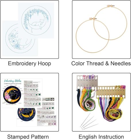 Louise Maelys 2 حزم القط القمر التطريز مجموعات للمبتدئين مع نمط الأزهار، الكبار المبتدئين عبر الابره عدة DIY مجموعات التطريز in Kuwait