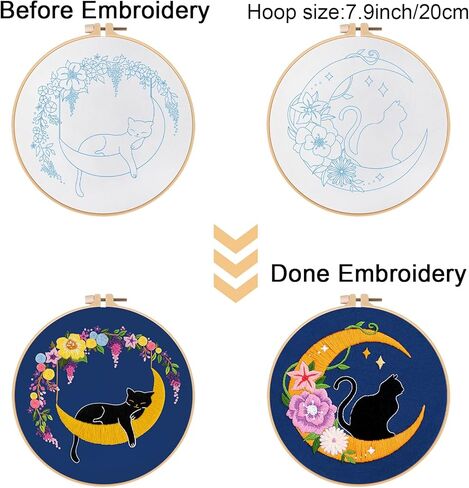 Louise Maelys 2 حزم القط القمر التطريز مجموعات للمبتدئين مع نمط الأزهار، الكبار المبتدئين عبر الابره عدة DIY مجموعات التطريز in Kuwait