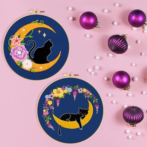 Louise Maelys 2 حزم القط القمر التطريز مجموعات للمبتدئين مع نمط الأزهار، الكبار المبتدئين عبر الابره عدة DIY مجموعات التطريز in Kuwait