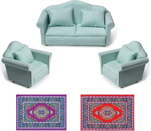 9Pcs Dollhouse Sofa Set,1/12 Dollhouse Decor 3Pcs White Fabric Sofa, 4Pcs Pillow and 2Pcs Miniature Carpet Turkey Rugs Miniature Furniture Toy for Kids Gift (A) in Kuwait
