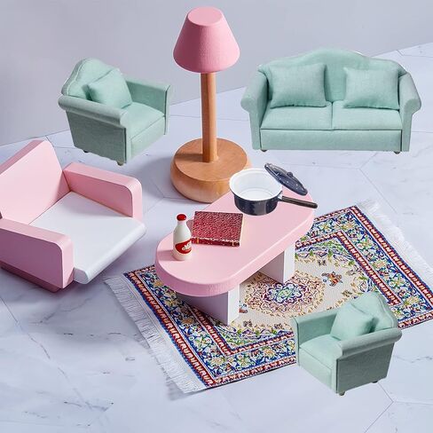 9Pcs Dollhouse Sofa Set,1/12 Dollhouse Decor 3Pcs White Fabric Sofa, 4Pcs Pillow and 2Pcs Miniature Carpet Turkey Rugs Miniature Furniture Toy for Kids Gift (A) in Kuwait