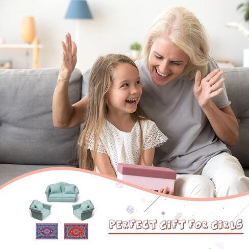9Pcs Dollhouse Sofa Set,1/12 Dollhouse Decor 3Pcs White Fabric Sofa, 4Pcs Pillow and 2Pcs Miniature Carpet Turkey Rugs Miniature Furniture Toy for Kids Gift (A) in Kuwait