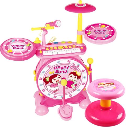 باولي مجموعة ادوات موسيقية للاطفال 2 في 1 للاولاد والبنات، مجموعة طبل موسيقى الجاز الالكترونية مع كيبورد بيانو وميكروفون ومقعد 24 مفتاح in Kuwait