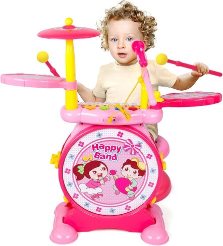 باولي مجموعة ادوات موسيقية للاطفال 2 في 1 للاولاد والبنات، مجموعة طبل موسيقى الجاز الالكترونية مع كيبورد بيانو وميكروفون ومقعد 24 مفتاح in Kuwait