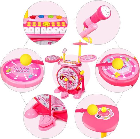 باولي مجموعة ادوات موسيقية للاطفال 2 في 1 للاولاد والبنات، مجموعة طبل موسيقى الجاز الالكترونية مع كيبورد بيانو وميكروفون ومقعد 24 مفتاح in Kuwait