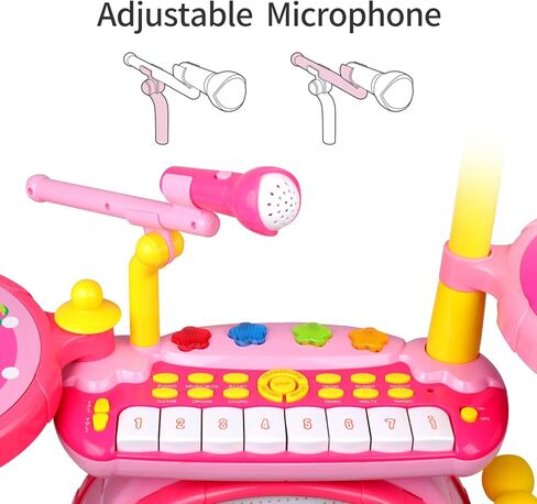 باولي مجموعة ادوات موسيقية للاطفال 2 في 1 للاولاد والبنات، مجموعة طبل موسيقى الجاز الالكترونية مع كيبورد بيانو وميكروفون ومقعد 24 مفتاح in Kuwait