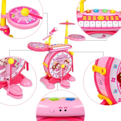 باولي مجموعة ادوات موسيقية للاطفال 2 في 1 للاولاد والبنات، مجموعة طبل موسيقى الجاز الالكترونية مع كيبورد بيانو وميكروفون ومقعد 24 مفتاح in Kuwait